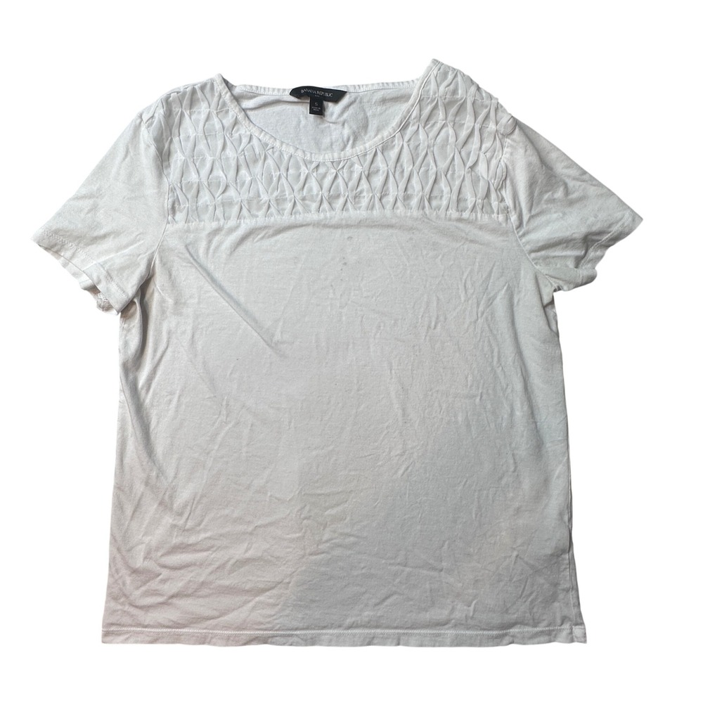 Banana Republic Top Womens S White Smocked Yoke Short Sleeve Cotton Modal Blouse